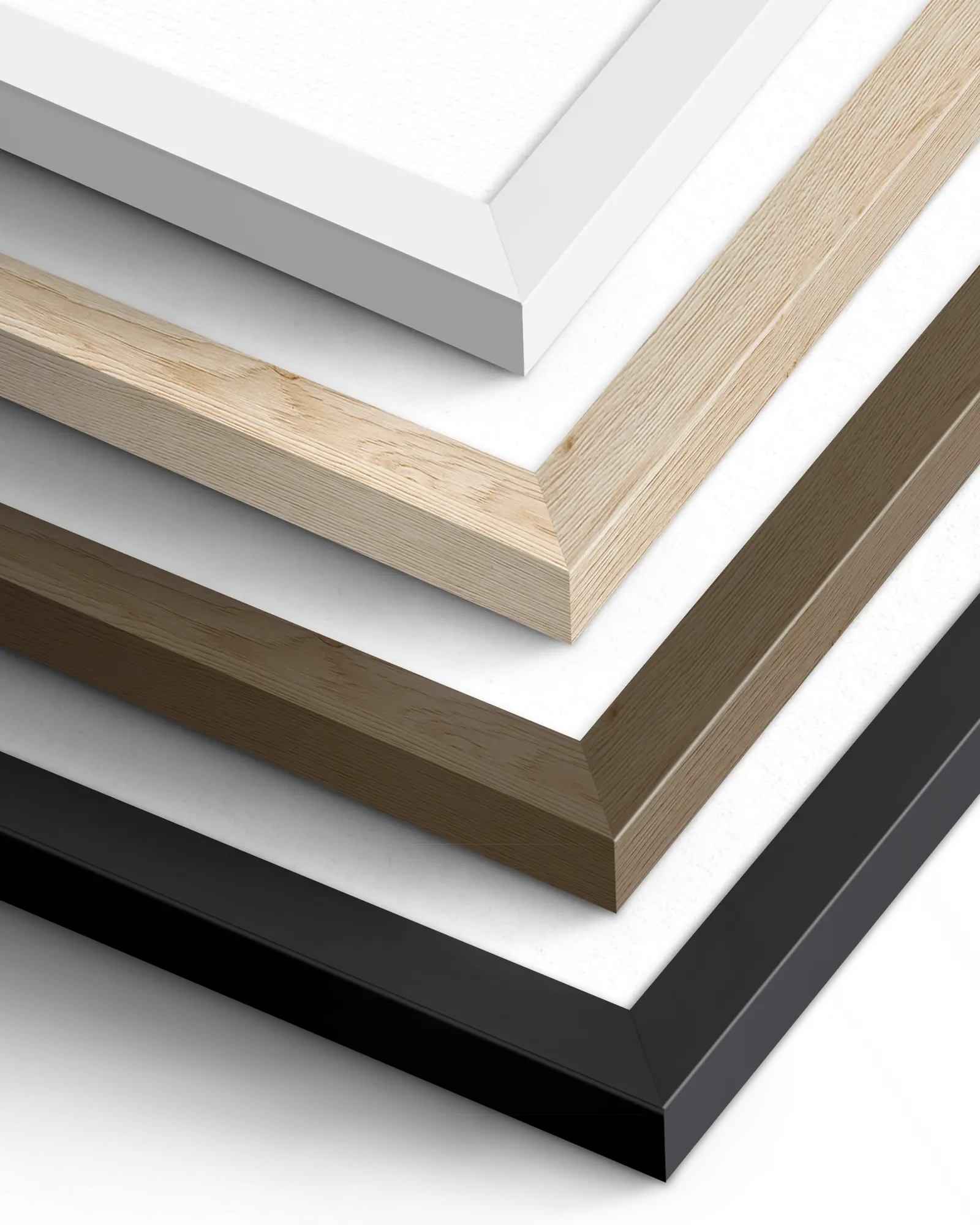Comparison of all four frame finishes: White, Light Wood, Dark Wood, Black