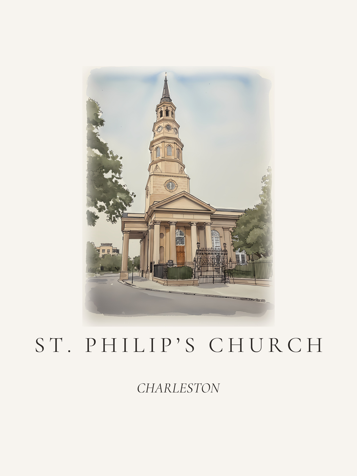 Ink and wash illustration of a classical church with a steeple