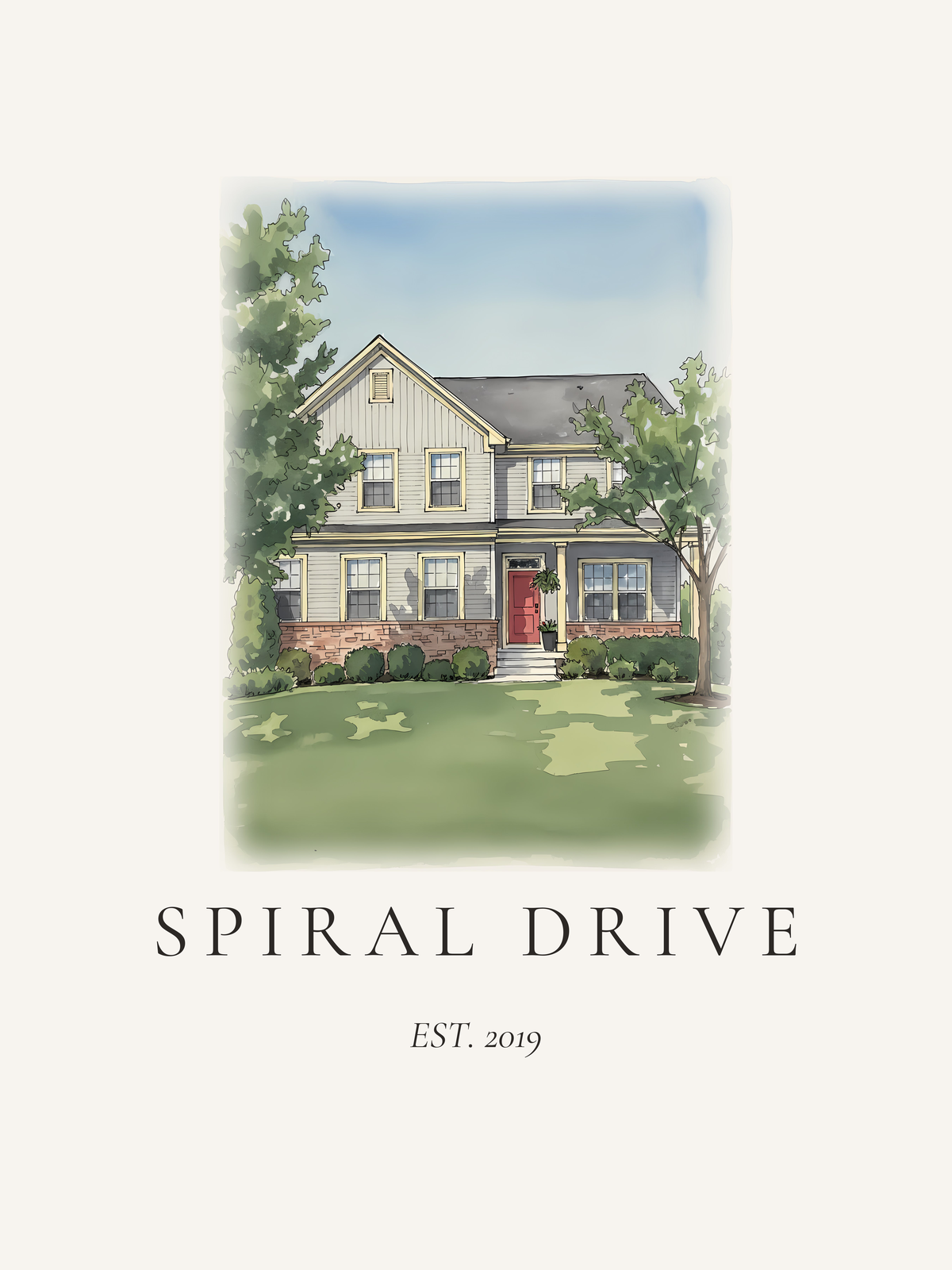 Ink and wash illustration of a two-story home