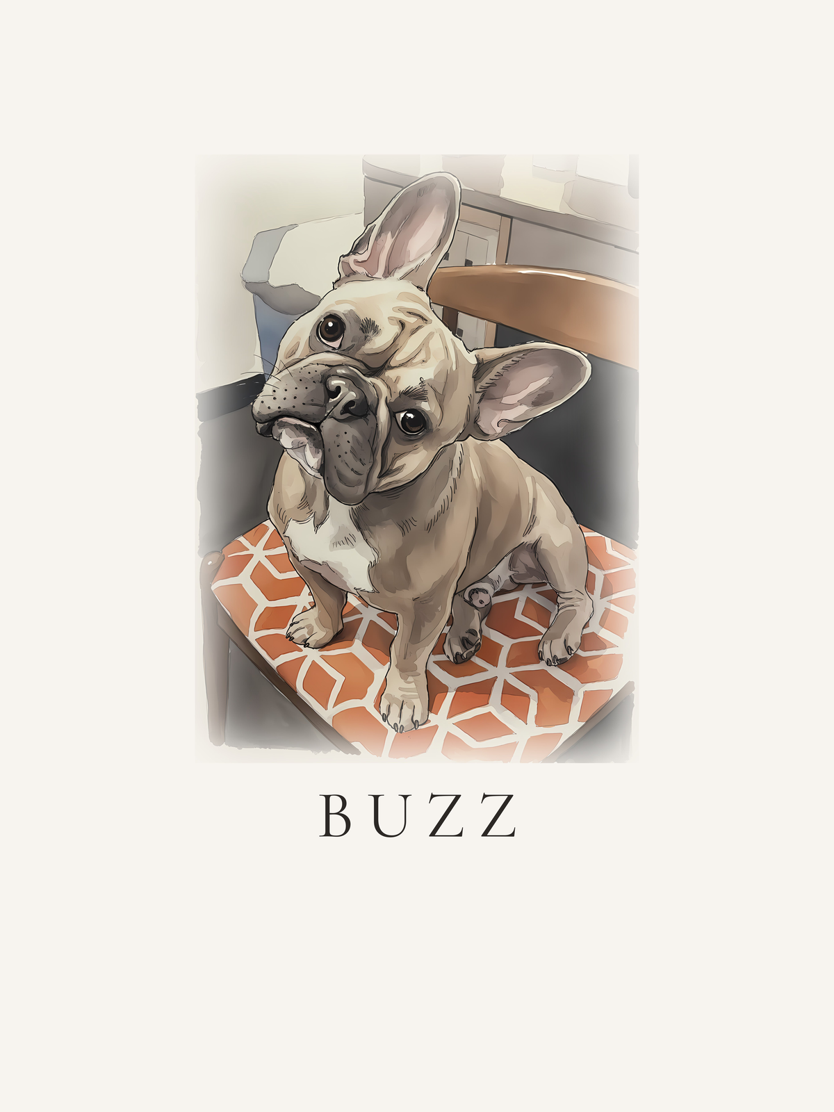 Ink and wash illustration of a French bulldog tilting his head on a patterned chair