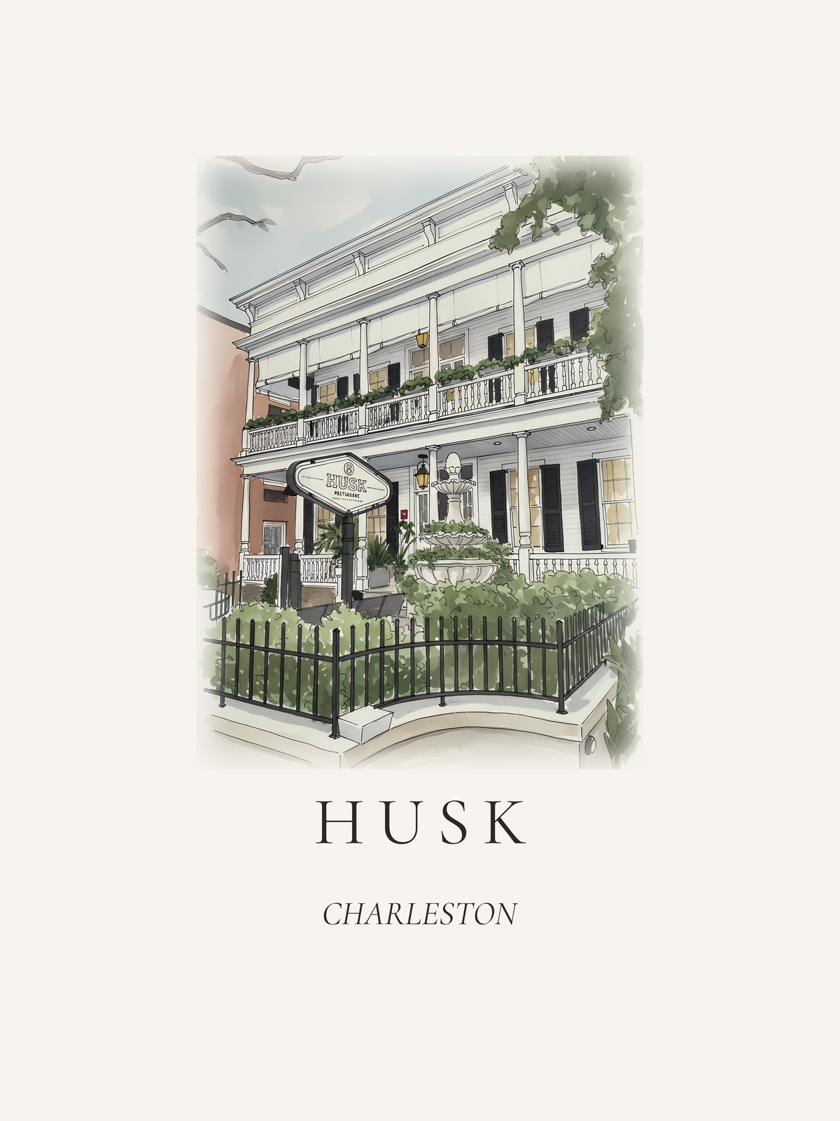 Ink and wash illustration of a Charleston restaurant with verandas and iron fencing
