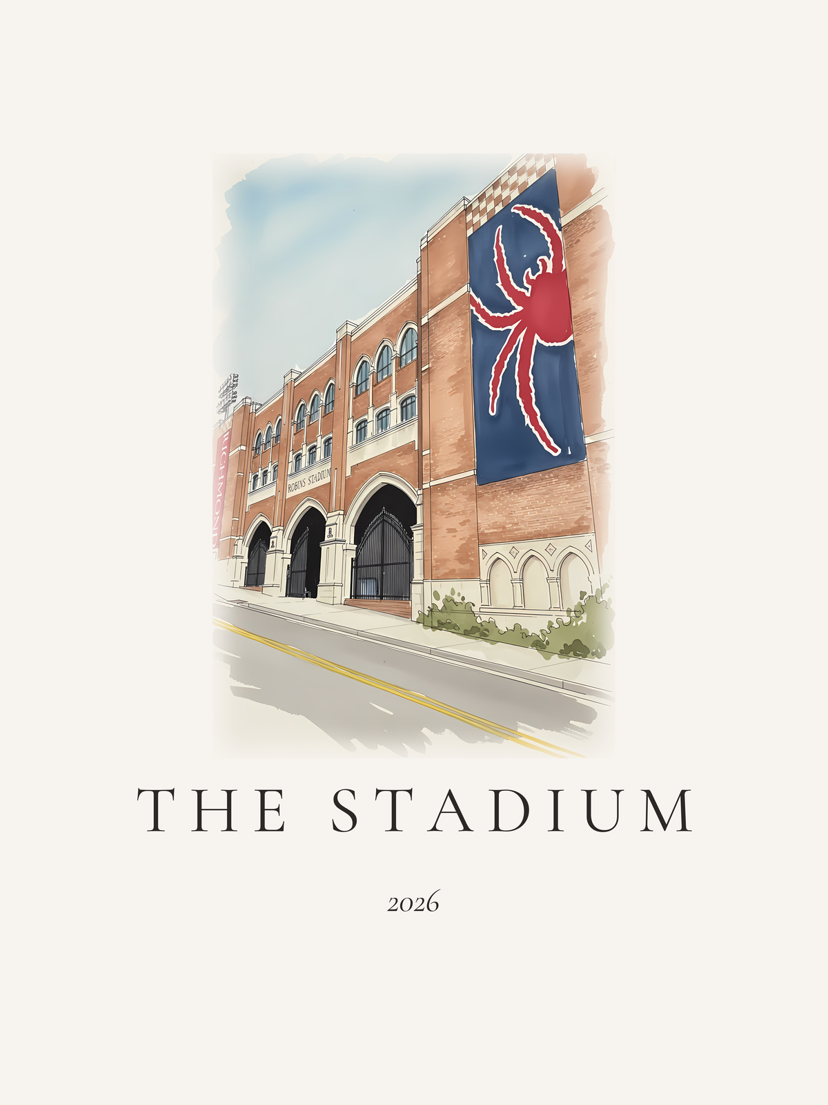 Ink and wash illustration of a stadium with a banner on the brick facade