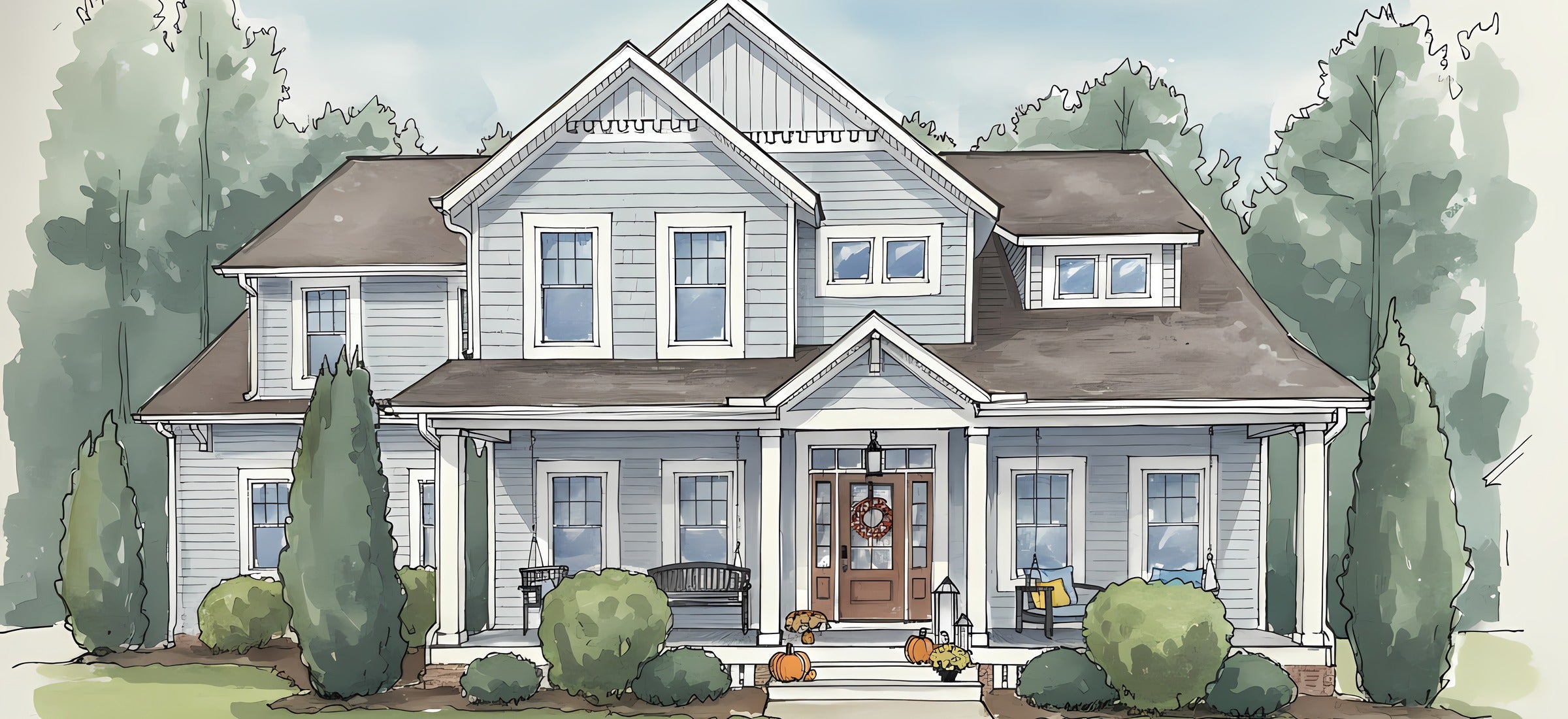 Framed ink and wash illustration of a heritage home, hung on an interior wall