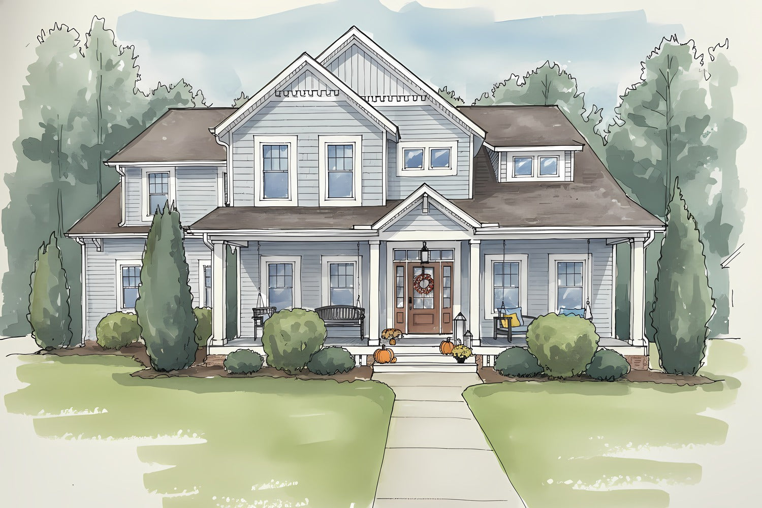 Framed ink and wash illustration of a heritage home, hung on an interior wall